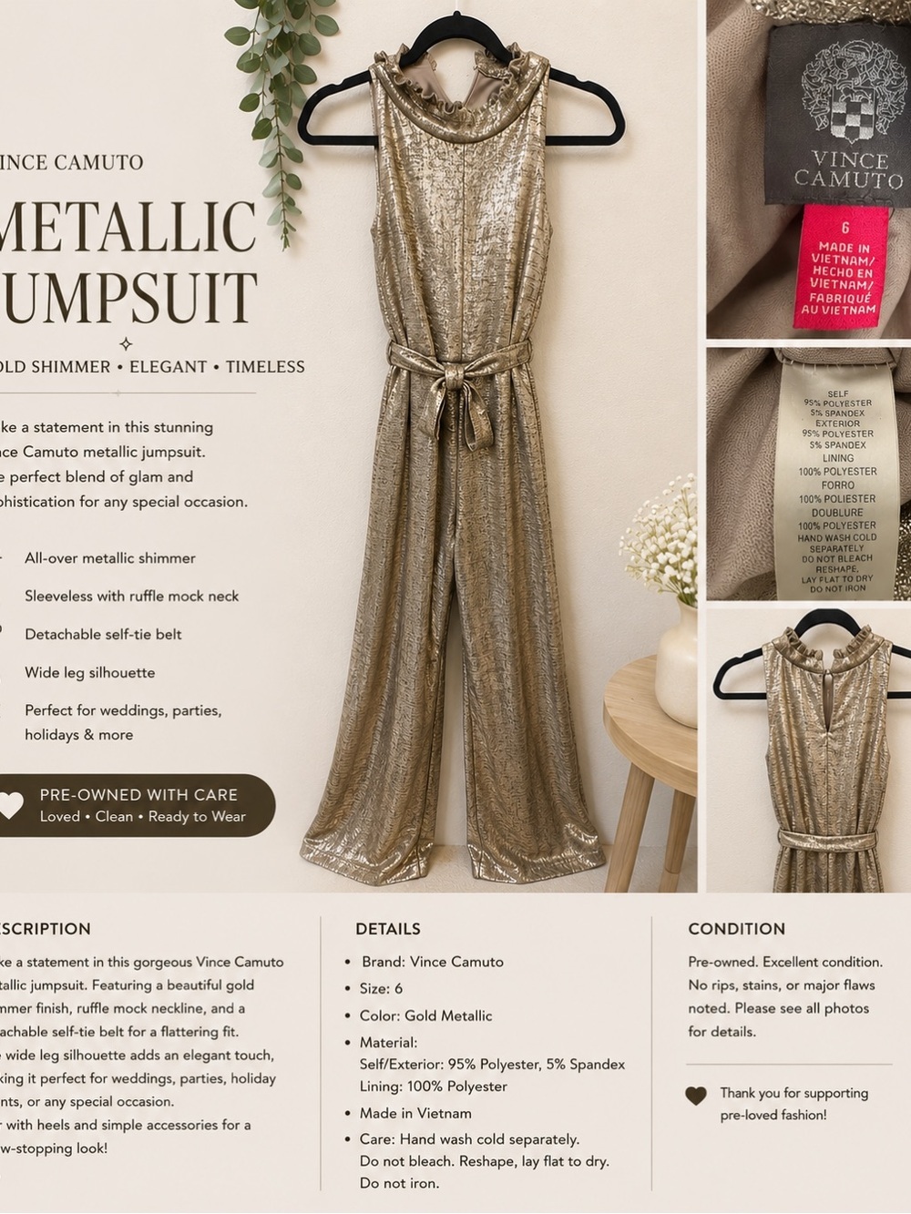 Vince Camuto Gold Metallic Sleeveless Wide-Leg Jumpsuit with Belt